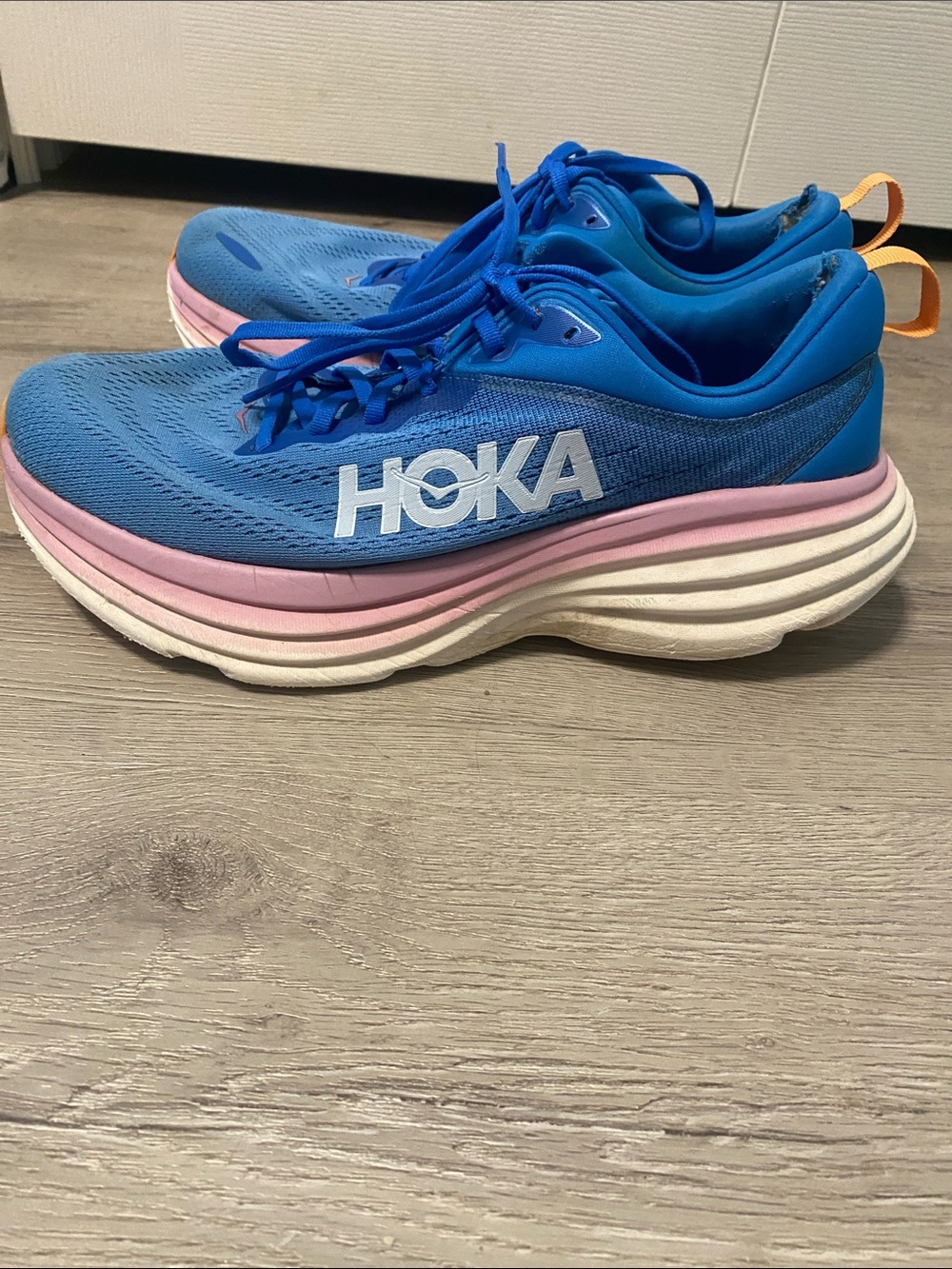 Hoka Women's Blue Running Sneakers with Pink Midsole and Orange Heel Tab